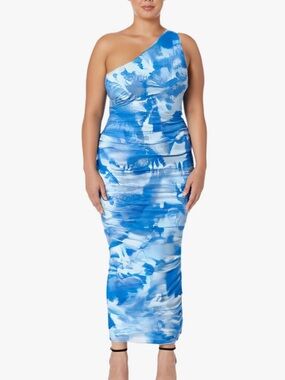 PRETTYGARDEN One-Shoulder Blue Floral Ruched dress